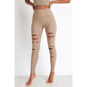 Alo Yoga Ripped Warrior Leggings S Gravel Tan High Waist Laser Cut Athleisure